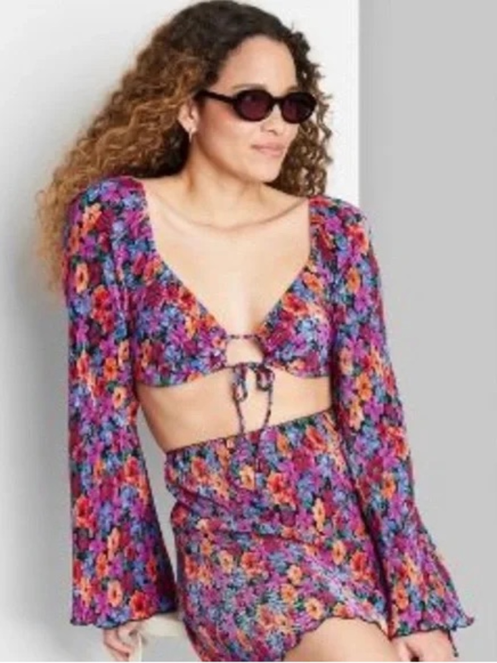 Wild Fable Floral Multi-Color Long Sleeve Crop Too and Skirt